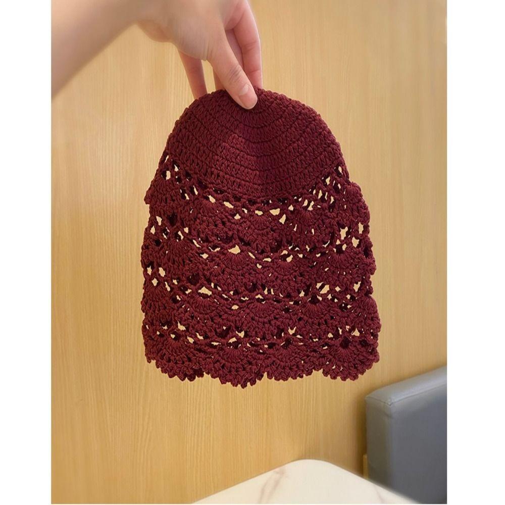 Retro Handmade Flower Crochet Hat Casual Melon Leather Mesh Cap Hand-crocheted Pullover Hat Female