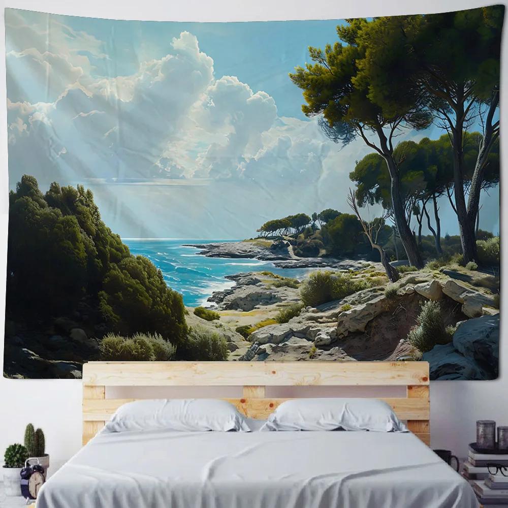Schöne Küstenlandschaft Wandteppich Hängend Traumhafter Schloss-Wandteppich Haus Schlafzimmer Hängendes Tuch, Strand Picknickmatte Yogamatten