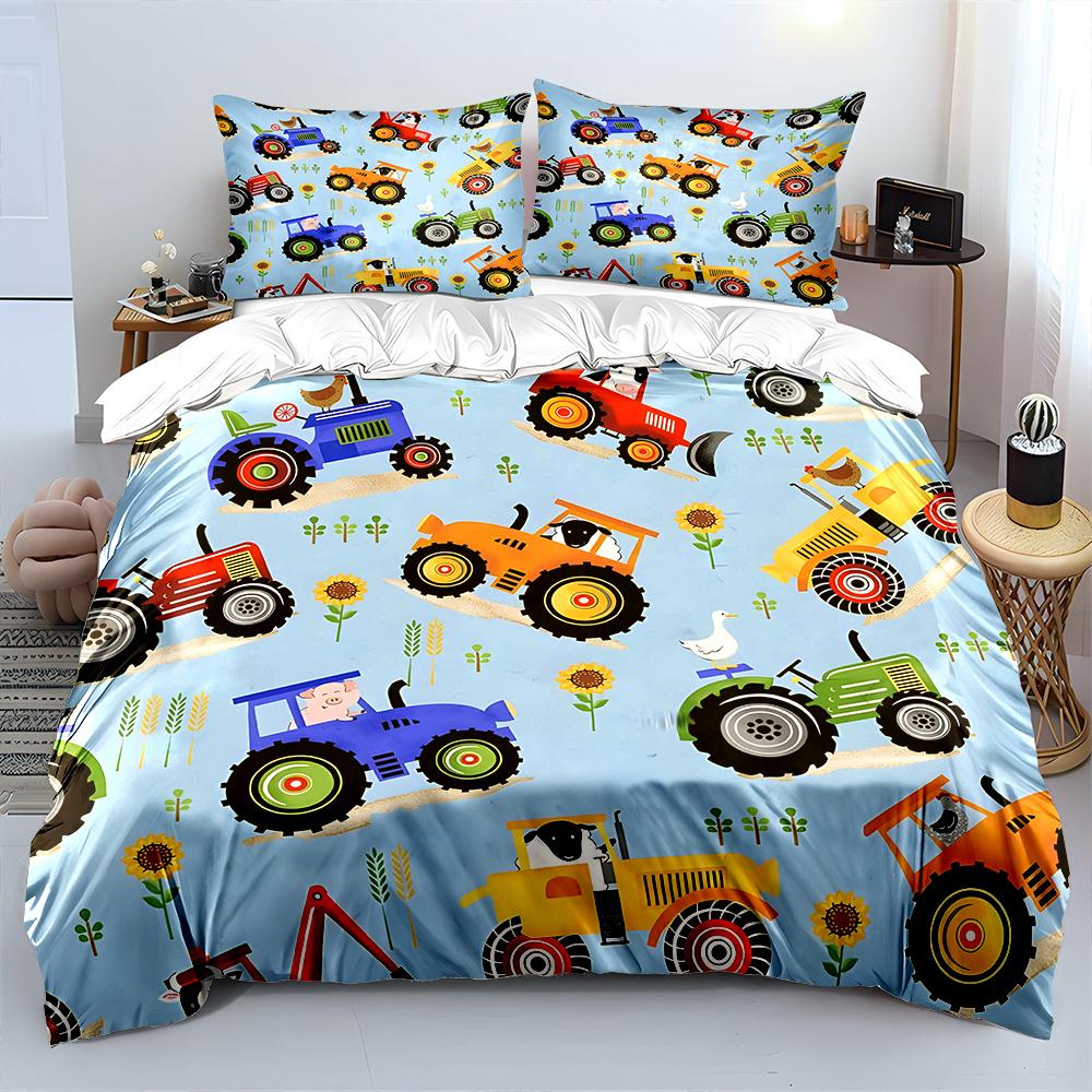 Colorful Tractors With Animals Bedding Set For Kids Luxury Gift 3Pcs Digital Print Comforter Set Soft Comfortable Breathable