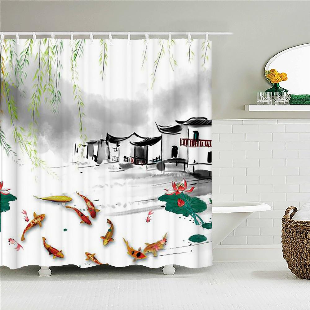 Japonské mořské vlny Koi Sprej Látka Sprchový závěs Koupelnové závěsy Květy švestek Krajina s horou Fudži Zástěna do koupelny Háčky Polyester Perfektní pro