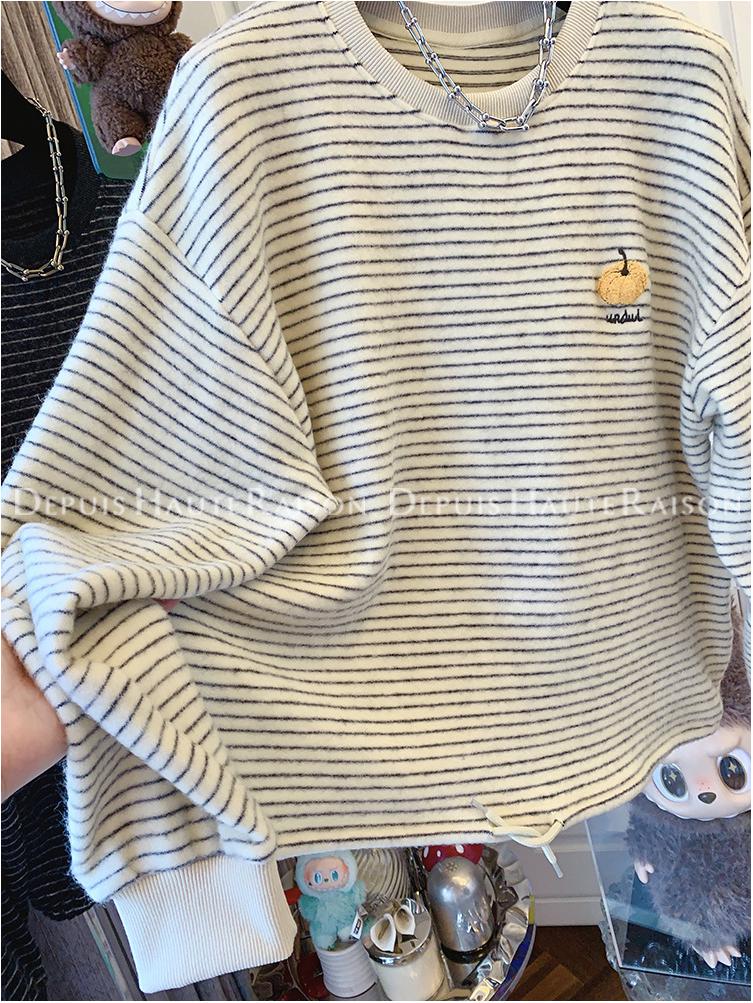 Korean Style Embroidered Pumpkin Stripe Long Sleeve Women's Plus Size Casual Top