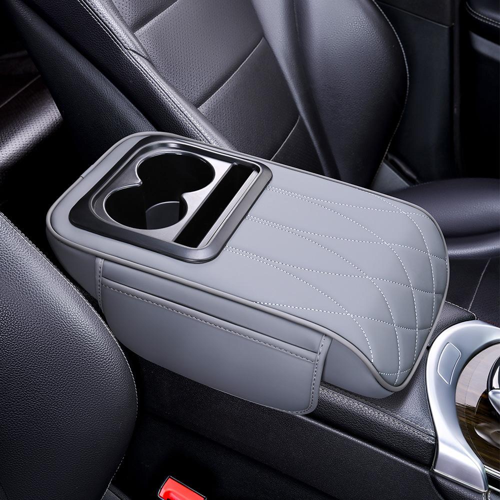 PU Leather Portable Center Console Armrest Cushion with Cup Holder Car Armrest Pillow Multifunctional Height Increasing