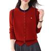 Women's Round Neck Contrast Color Wool Knit Cardigan - Soft Hong Kong Style Petite Sweater Jacket