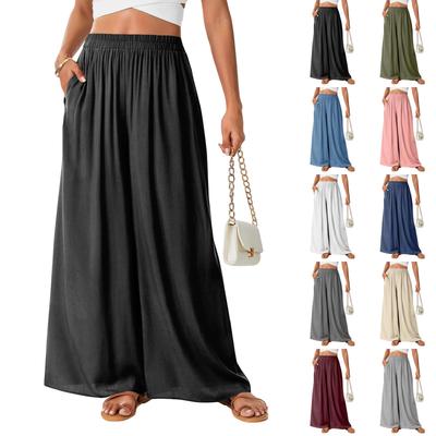 Women's Wide Leg High Waist Palazzo Pants with Pockets Summer Casual Long Flowing Lounge Trousers Elastic Waistband