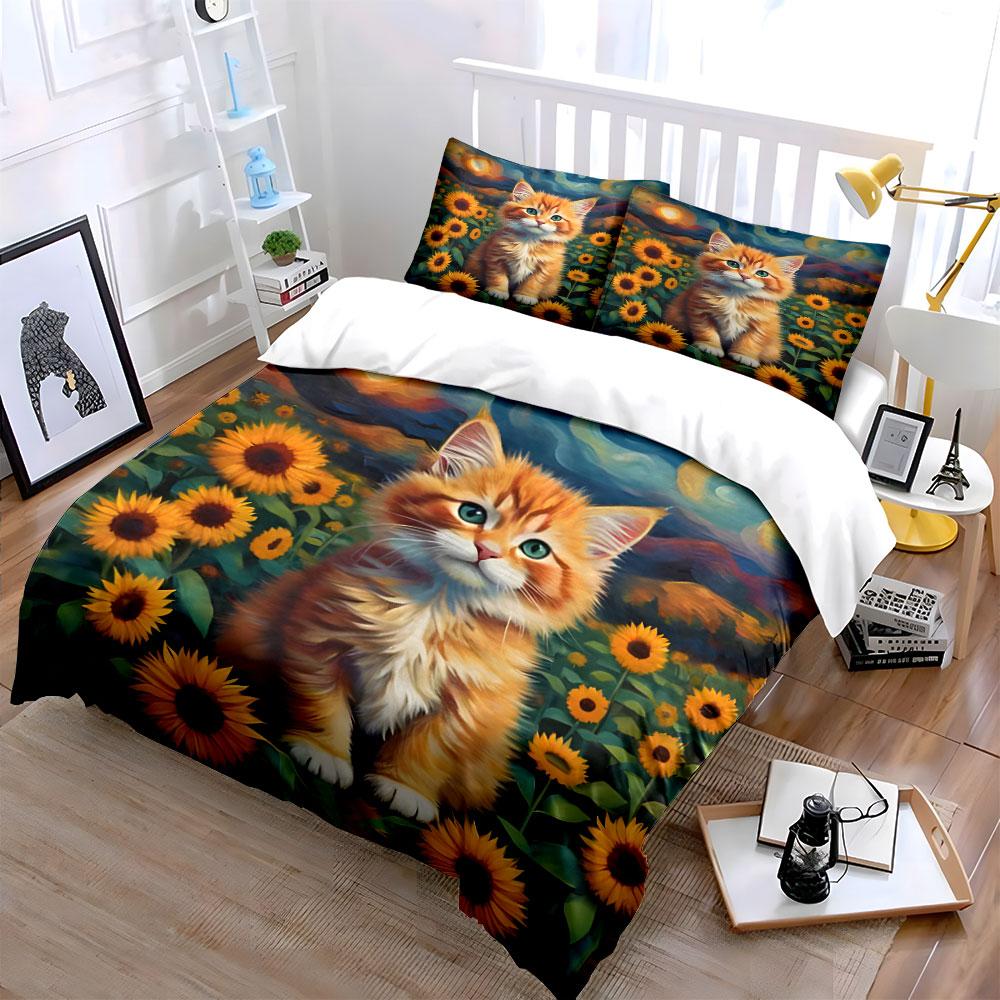 Cute Kitten In Sunflower Field Duvet Cover Set With 3D Printing Design Soft Polyester Bedding Set All-Season Comfort