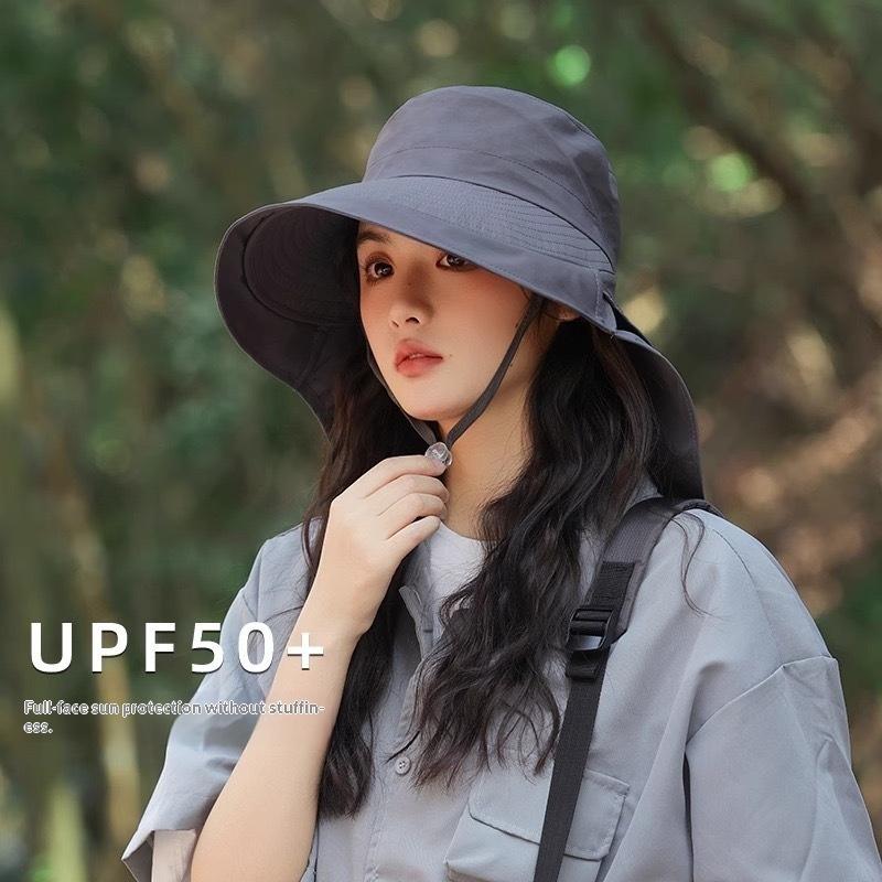 Solid Color Wide Brim Sun Hat Korean Style With Neck Cover Sun Protection Hat Neck Protection Adjustable Women Bucket Hat Ladies