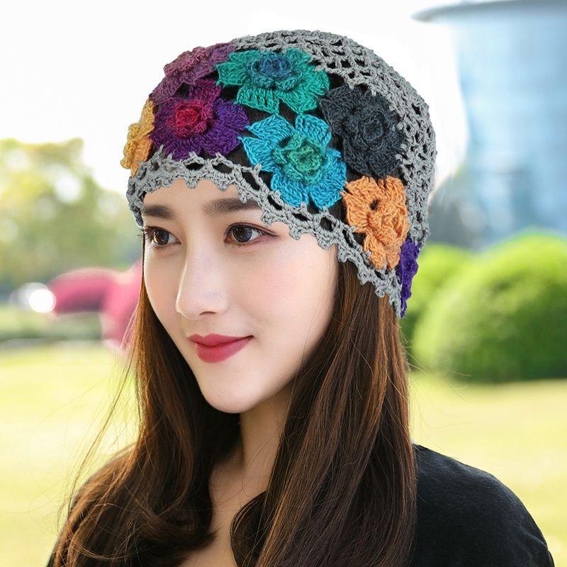 Women's Handmade Knitted Flower Turban Single Layer Hollow Mesh Gradient Color Elegant Artistic Ethnic Style Hollow Hat