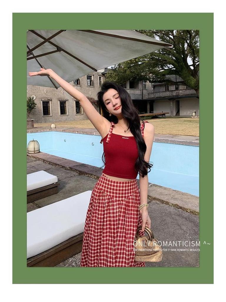 French Retro High-End Red Plaid Midi Skirt for Women - 2025 Summer Trend
