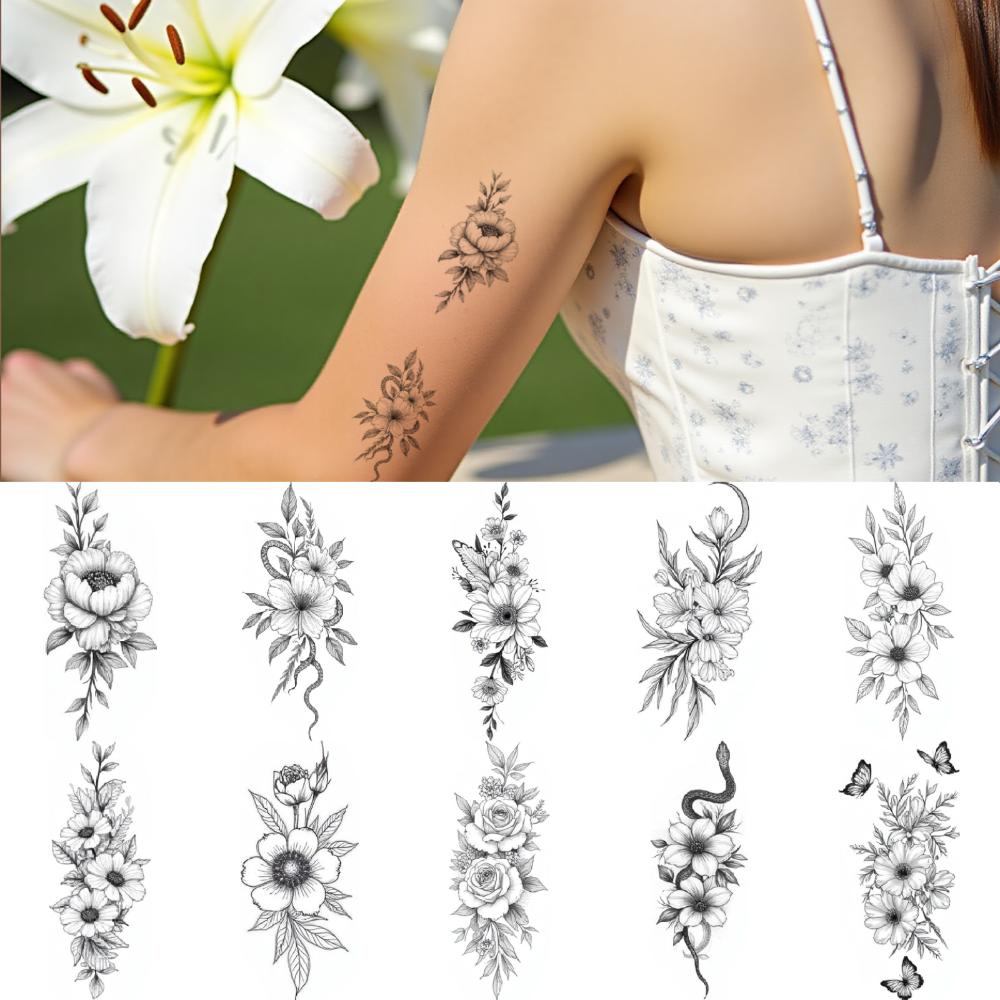 9pcs Temporary Tattoo Waterproof Long-lasting Body Stickers Floral Design Artistic Flowers Floral Illustration For Back Thighs