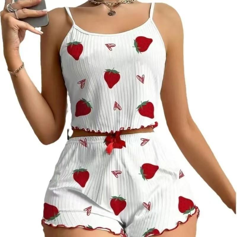 European and American Women's Strawberry Print Pajama Set - Ribbed Camisole and Shorts, Suitable for All Seasons