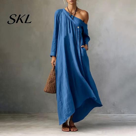 Polyester Dress Women Summer Maxi for Women, Casual Loose One Shoulder Long Sleeve Dress, Flowy Beach Vacation Sundress wwith Pockets Elegant