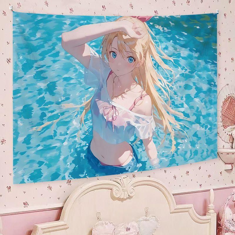 Cute Anime Maiden Makaron Aesthetic Tapestry Soft Cartoon Wall Hanging Bedroom Dorm Home Decor