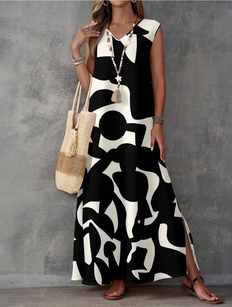 Summer 2026 European V-Neck Casual Women's Printed Long Dress