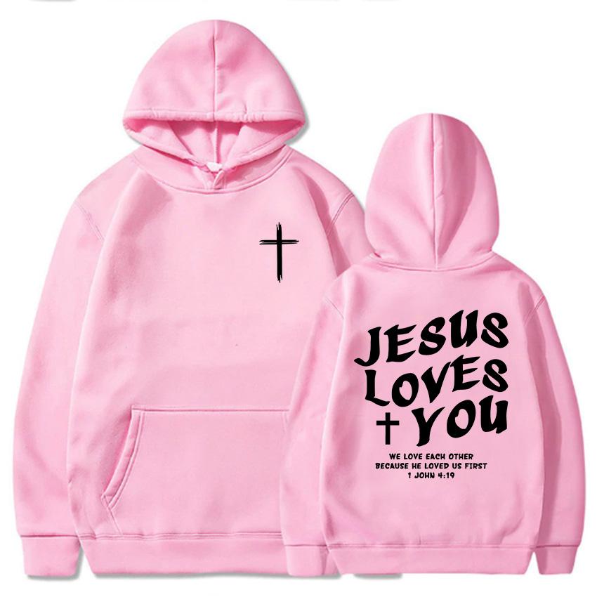 Jesus elsker deg Kristne bibelvers hettegensere Bokstavgrafikk trykk Sweatshirts Menn Kvinner Hettegensere Unisex topper
