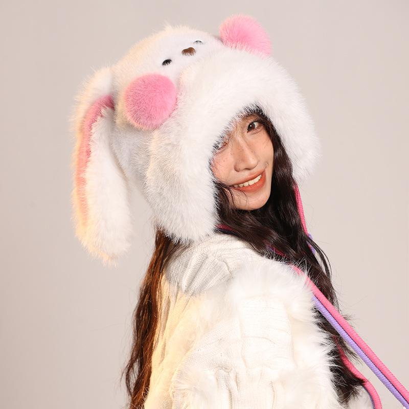 Looping Ears Rabbit Hat for Women with Furry Pullover Hat Showing Face Small Ear Protection Bag Head Hat Thickened Lei Feng Hat Trendy