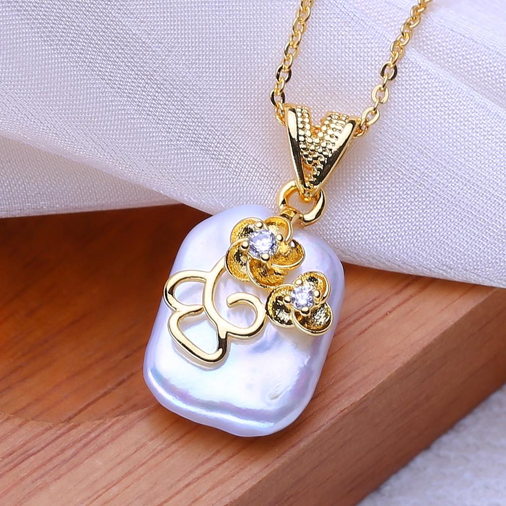 LSOOYH Natürliche Süßwasser Große Barockperlen Halsketten Party Elegant Vintage Goldfarbe Blume Anhänger, Geburtstagsgeschenke für Frauen