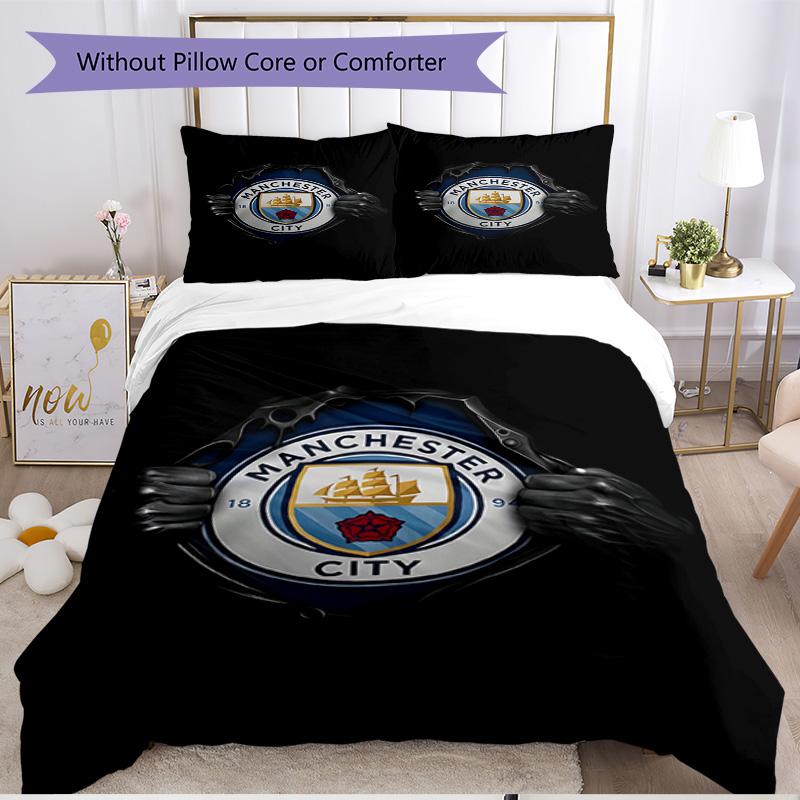 3pcs Duvet Cover Set (1*Duvet Cover + 2*Pillowcase, Without Core), Manchester City FC Print Soft All‑Season Bedding Set, Home Bedroom Decor Gift