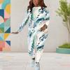 Women Plus Size Round Neck Long Sleeve Printed Fitted Pants Two Piece Set