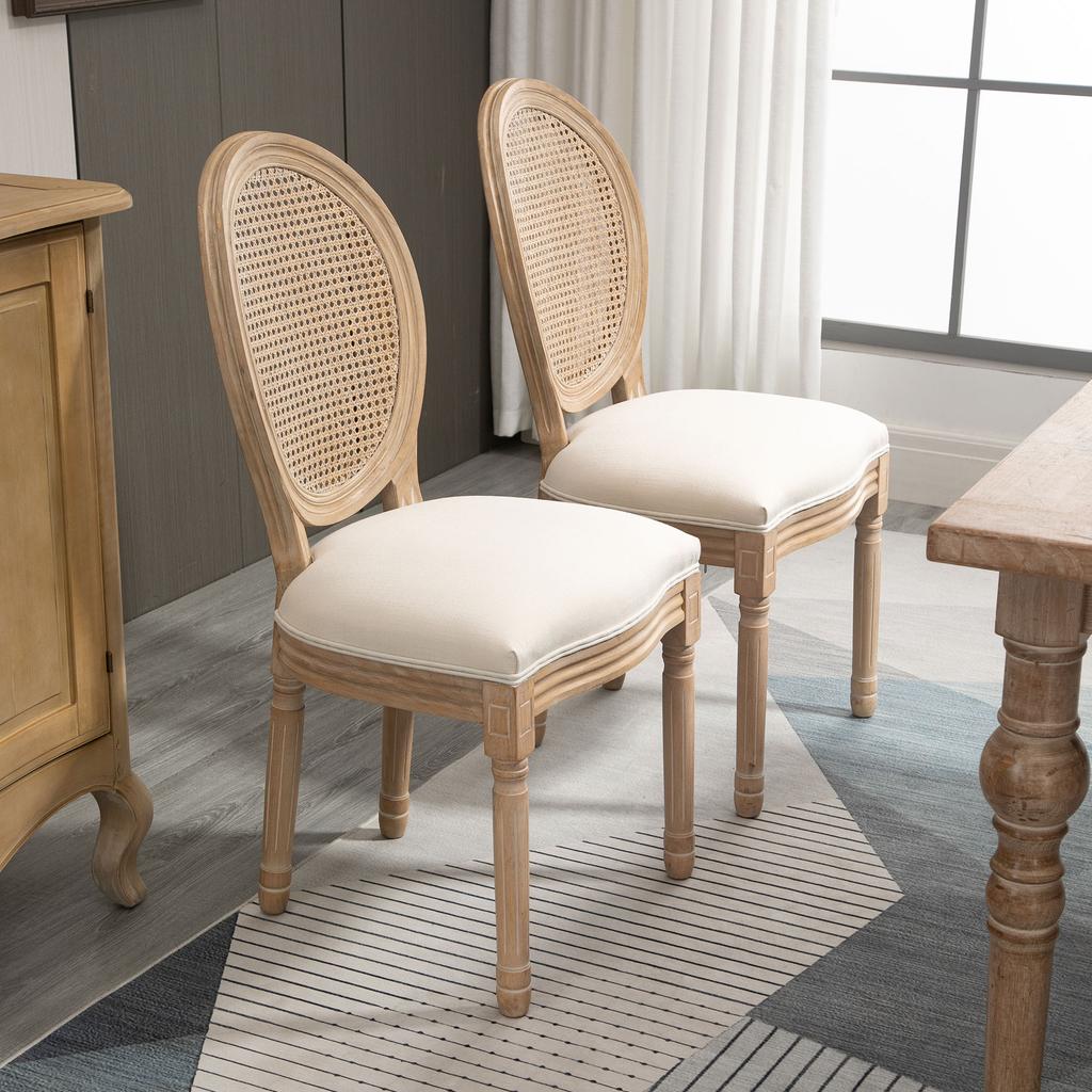 Set of 2 Living Room Chairs in Vintage Style with Openwork Backrest, in Wood and Fabric, 49x56x96cm, Cream White