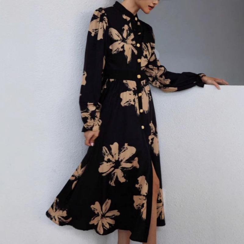 Damen Französisches Druckkleid V-Ausschnitt Langarm Taillenkleid