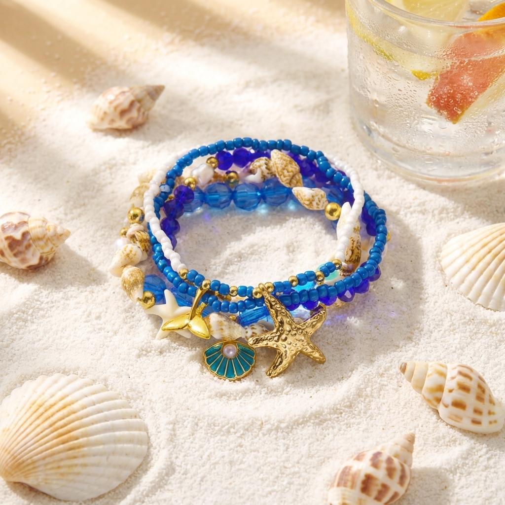 5Pcs Boho Starfish Shell Layered Beaded Bracelet Set for Women Dainty Crystal Elastic Beacelets Beach Party Jewelry Gift