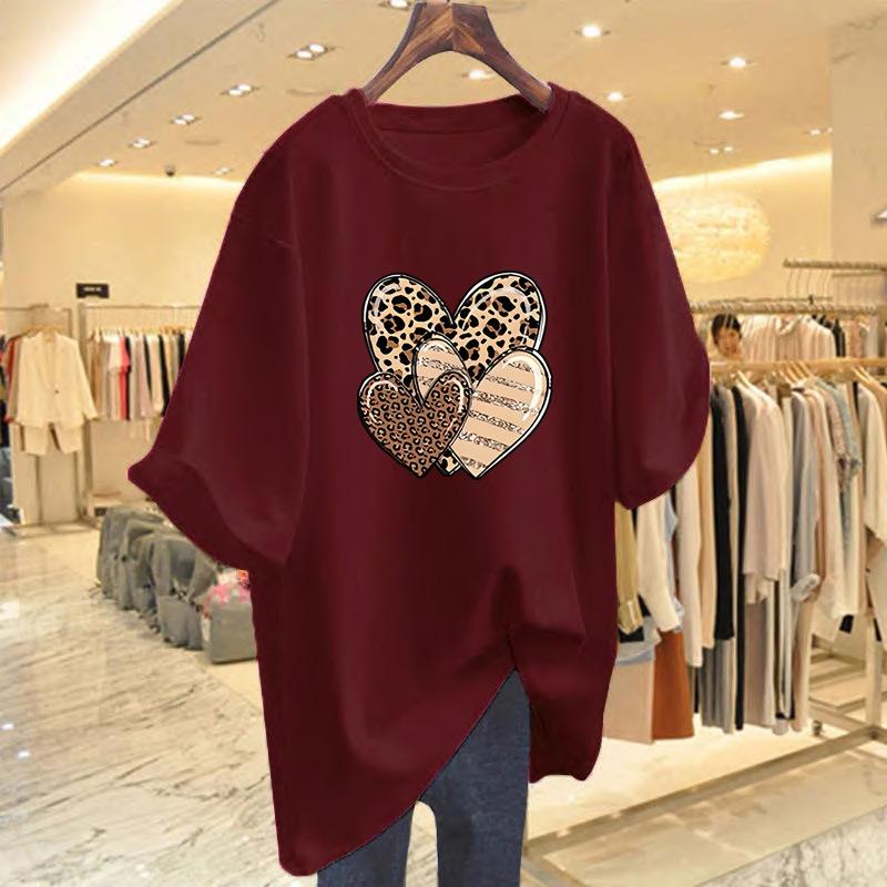 Cotton love print t-shirt women's summer fashion crew neck top large size women's clothing