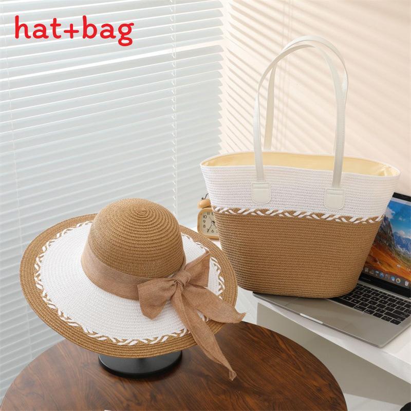 Woven Sun Hat And Large Capacity Straw Tote With Striped Pattern For Travel And Casual Wear