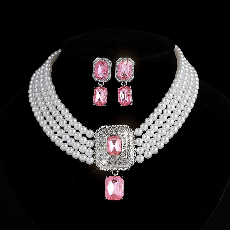 Square gemstone full diamond earrings necklace set choker multi-layer bridal anti-pearl necklace earrings