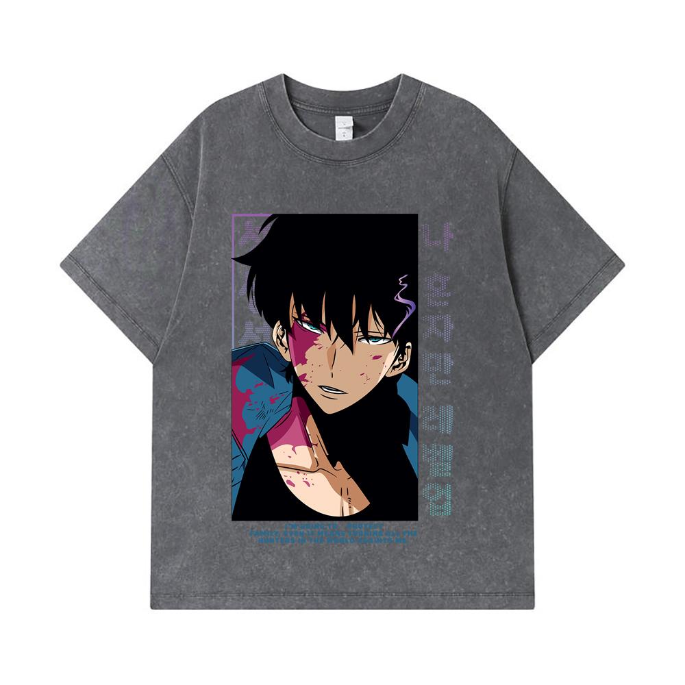 275 GSM Gewassen T-shirts 100% Katoen Solo Leveling V8 Print Unisex Zwaar Katoen T-shirt