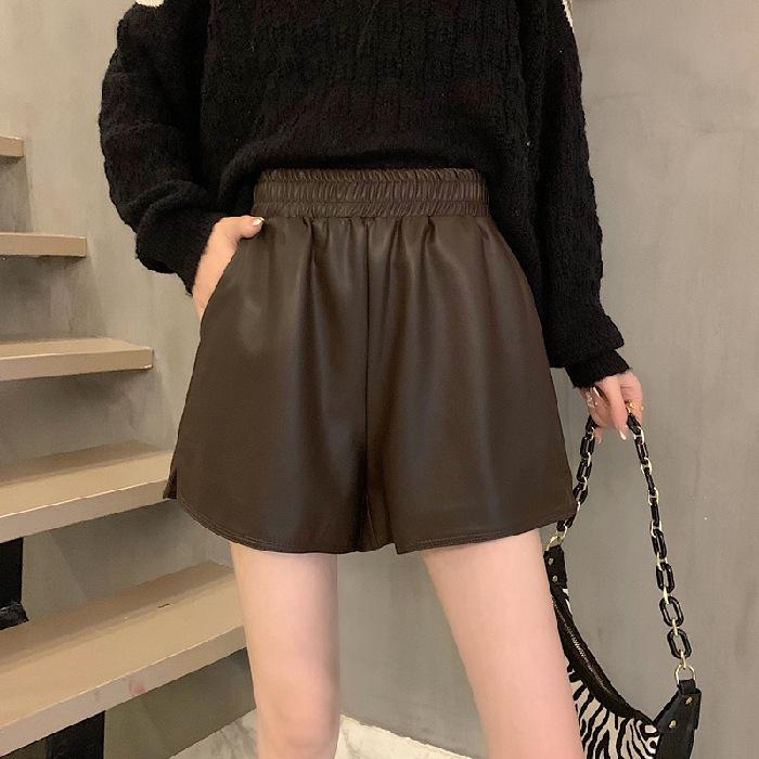 Women's High-Waisted PU Leather Shorts - Autumn/Winter 2024, Plus Size, Loose Fit, Slimming, Wide-Leg.