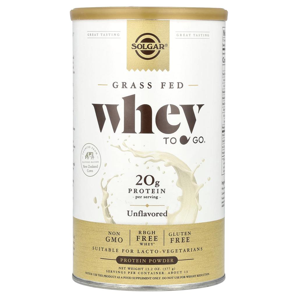 Solgar Krmeno trávou, Syrovátkový proteinový prášek Whey To Go®, Bez příchuti, 13,2 oz (377 g)