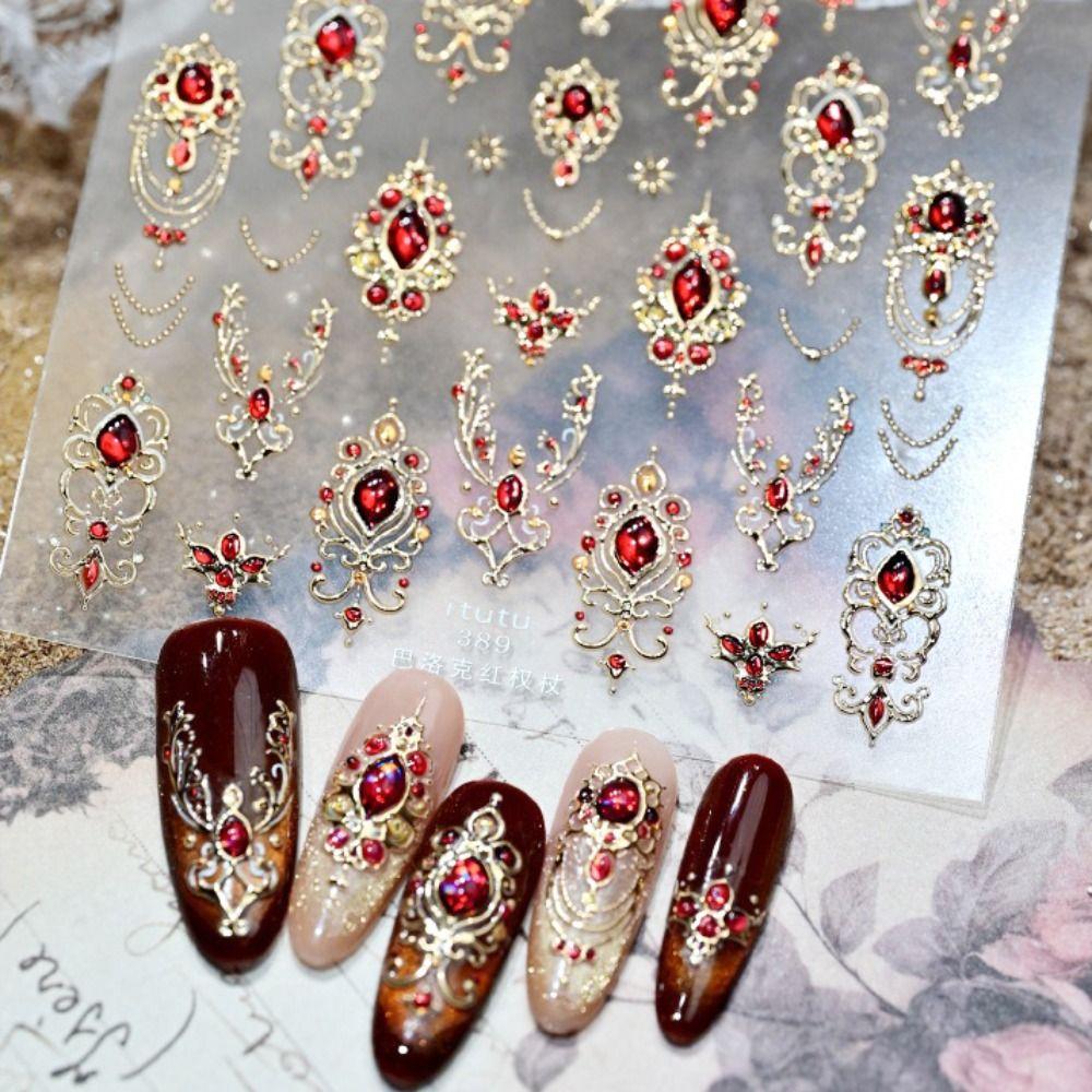 Luxurious Design 5D Nail Stickers Shiny Finish Gold Scepter Imitation Gemstone Nail Red Green Gemstone Emerald Ruby Color