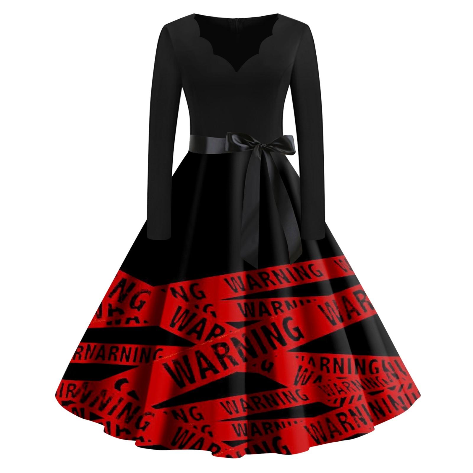 

Женское винтажное классическое платье с вырезом на талии и галстуком-бабочкой с длинными рукавами на Хэллоуин с принтом и V-образным вырезом, свободное платье L