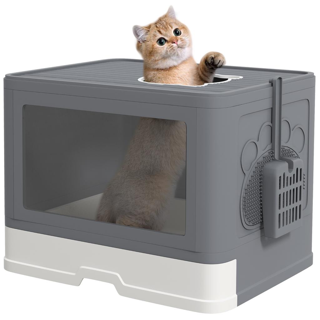 Enclosed Cat Litter Box with Lid, Front Entry, Top Exit, Drawer, Tray, Scoop, Brush, 48.5 X 38 X 36.5cm - Grey