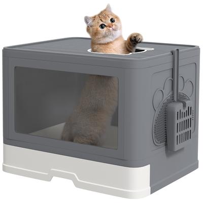 Enclosed Cat Litter Box with Lid, Front Entry, Top Exit, Drawer, Tray, Scoop, Brush, 48.5 X 38 X 36.5cm - Grey