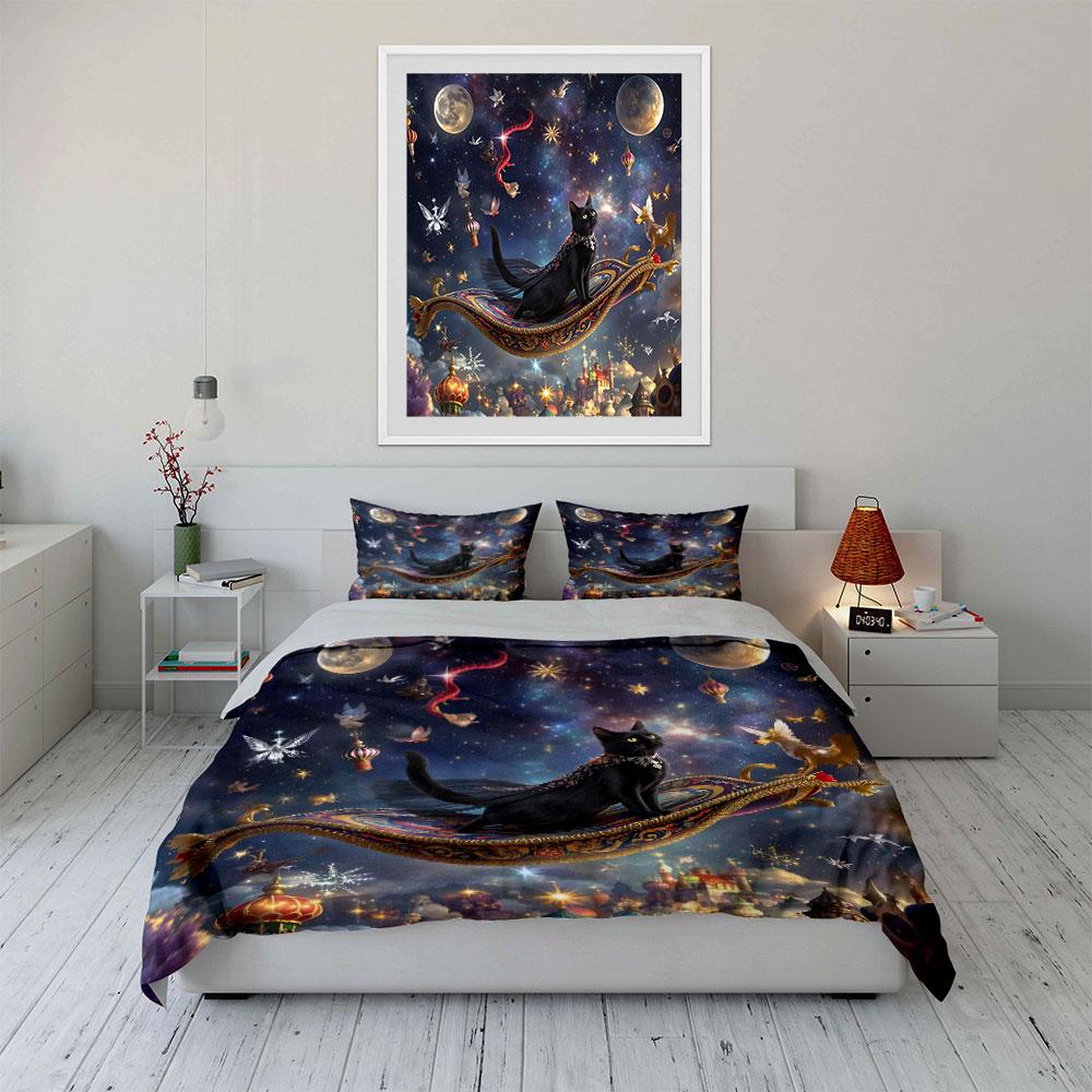 Magical Cat Adventuring Night Sky Exquisite Three-Piece Bedding Set Gift For Kids And Adults