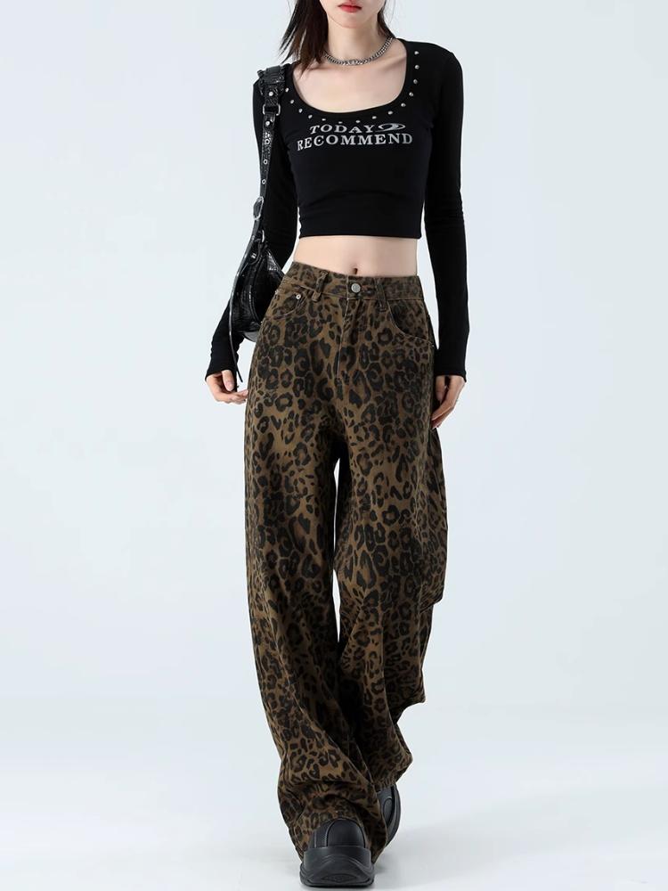 Hnědé leopardí džíny dámské džínové kalhoty dámské nadměrné široké nohavice streetwear hip hop vintage oblečení volné ležérní