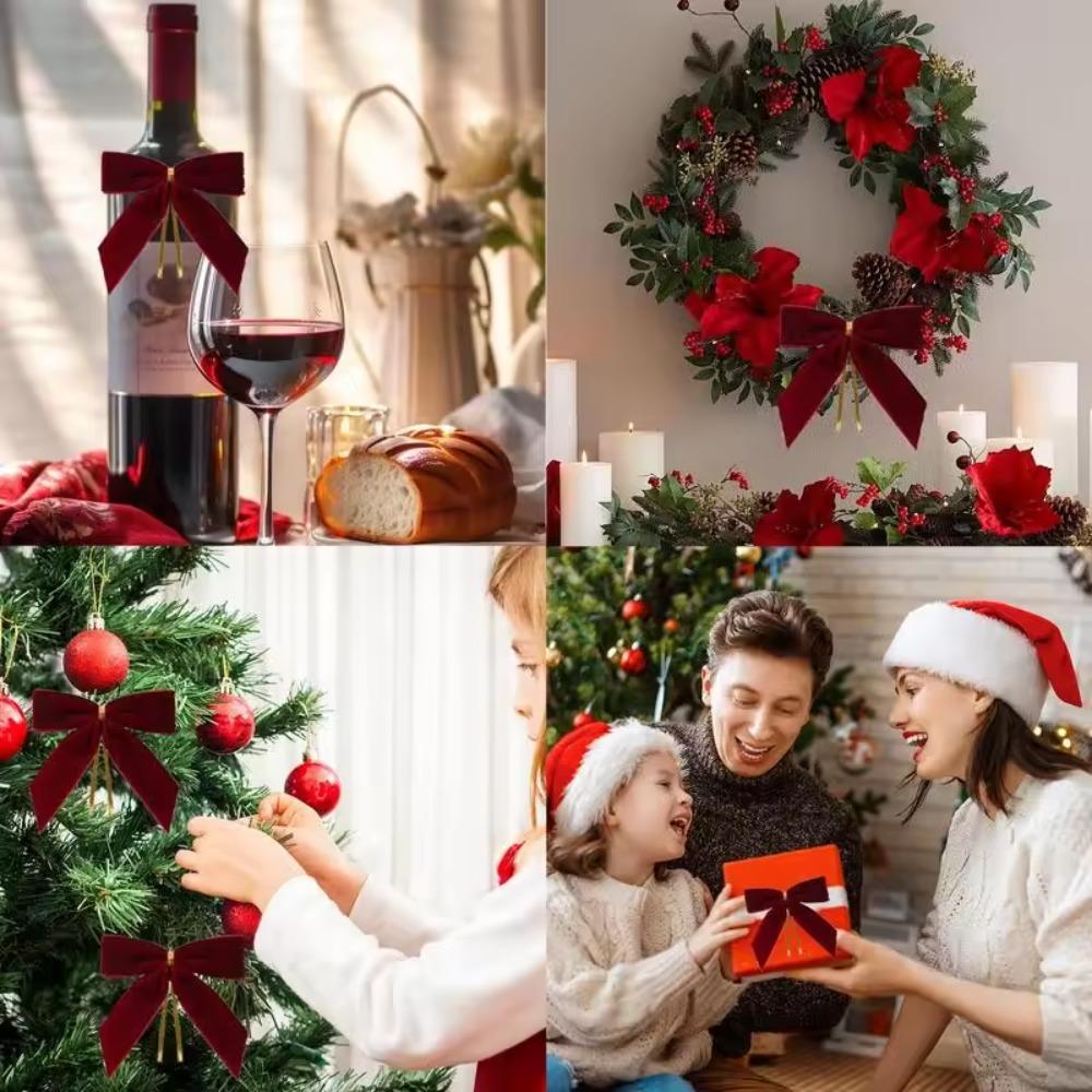 24PCS with Cable Tie Christmas Tree Bows Small Garland Ornament Red Velvet Christmas Bows  Wreath