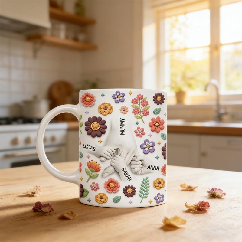 Artistic Florals Print Ceramic Mug Holding Mum Hand Designs Drinking Cup Great For Home Offices Or Cafes