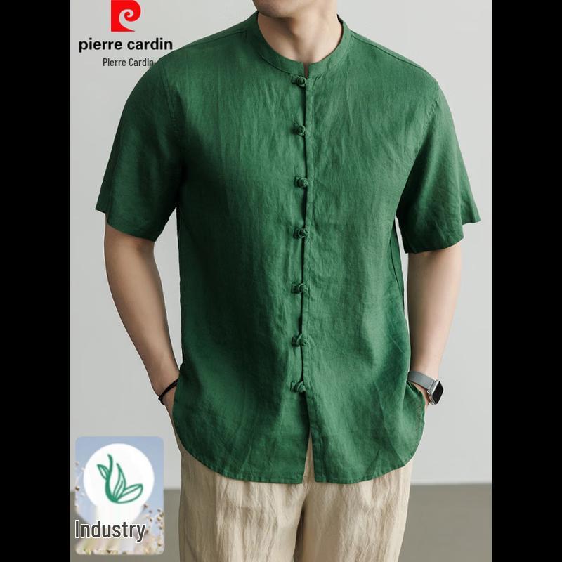 Pierre Cardin Men s Pure Linen Stand-Collar Short-Sleeve Shirt L