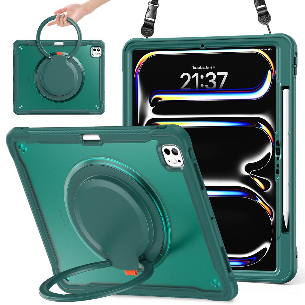 Pro iPad Pro 13 (2024) Pouzdro s otočným stojánkem PC+TPU+Silikonový kryt s ramenním popruhem