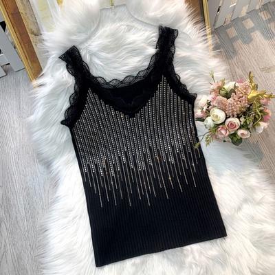 Summer New Lace Rhinestone Camisole Vest Women's Knitted Base Top