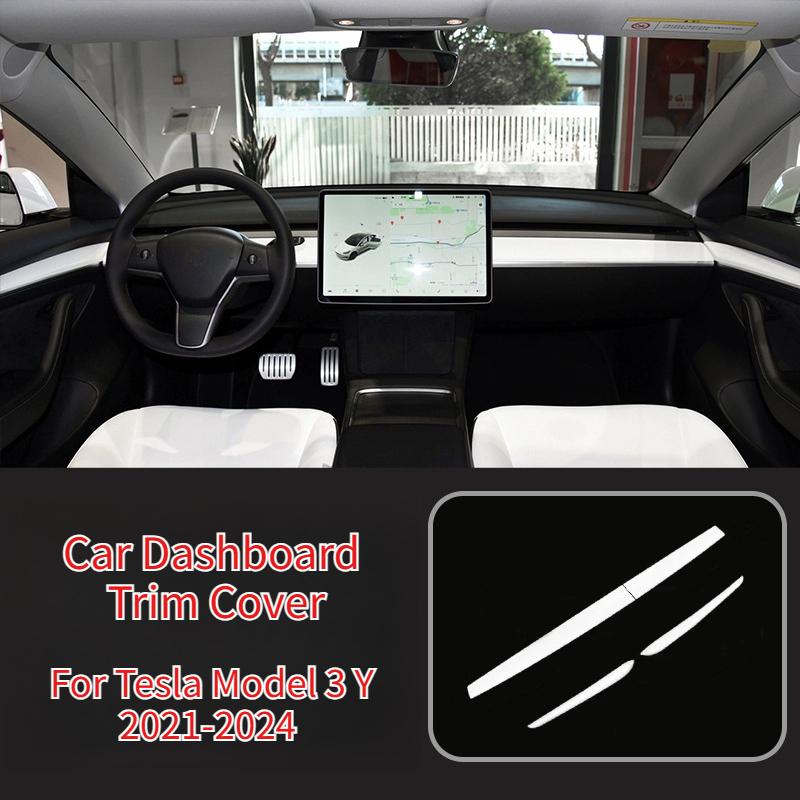 For Tesla Model 3 Y -2024 Car Dashboard Cover Carbon Fibre ABS Door Dash Trim Panel Interior Accessories Sticker Car Gadgets