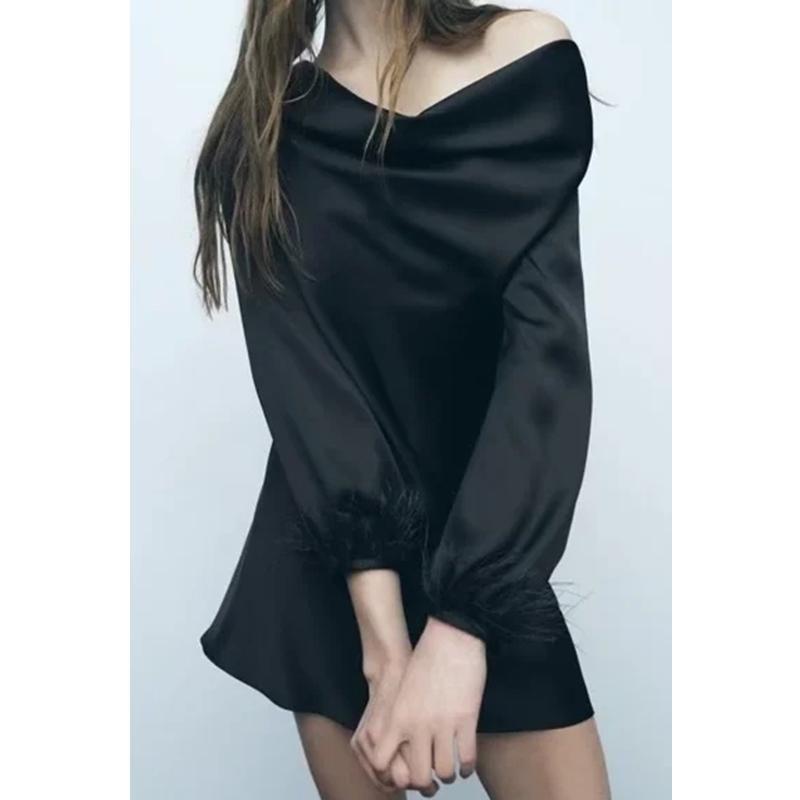 Fall and Winter New Women's Clothing Fashion Style V Neck Long Sleeves Feather Decorative Silk Section Texture Short Dress 9675748
