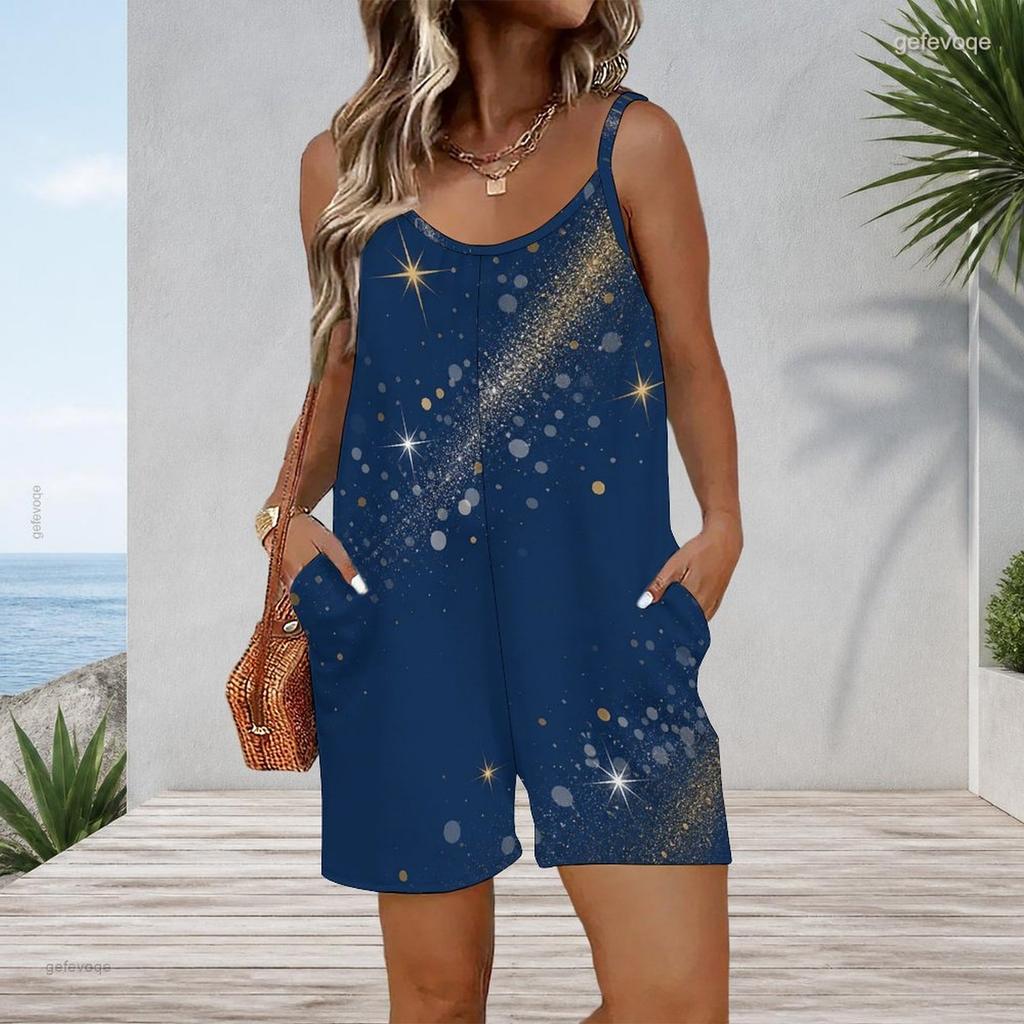 Women Plus Size Sleeveless Cami Short Romper Tie Dye Mandala Patriotic Boho Print Jumpsuit With Side Pockets