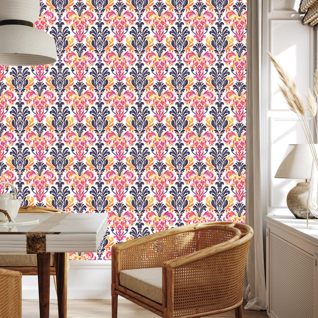 Papel de Parede Damasco Barroco em Roxo e Coral para Sala de Estar e Quarto 50x1000
