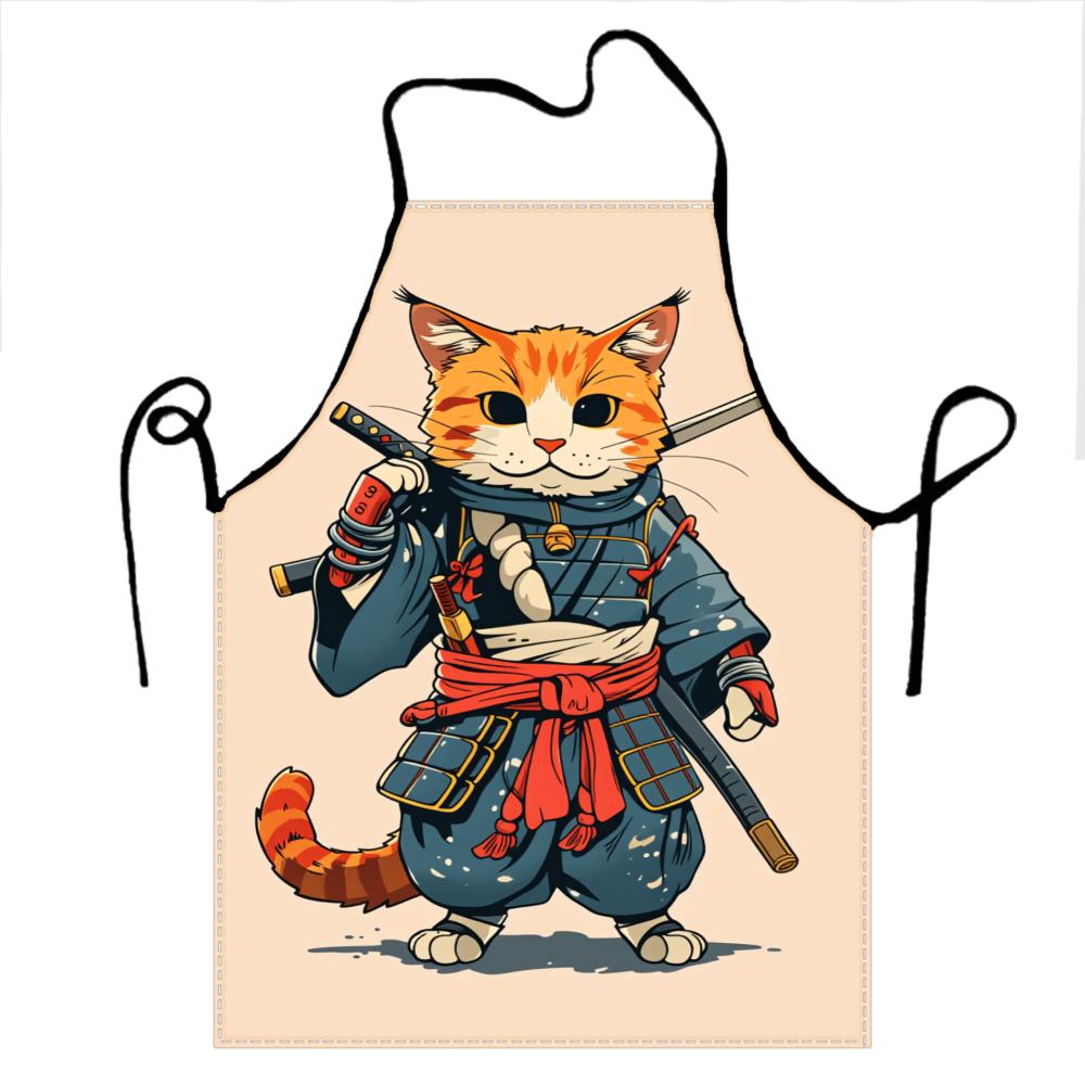 Cute Cat Samurai Apron Kitchen Cooking Wear For Adults And Kids Fun Gift Idea With Japanese Warrior Design