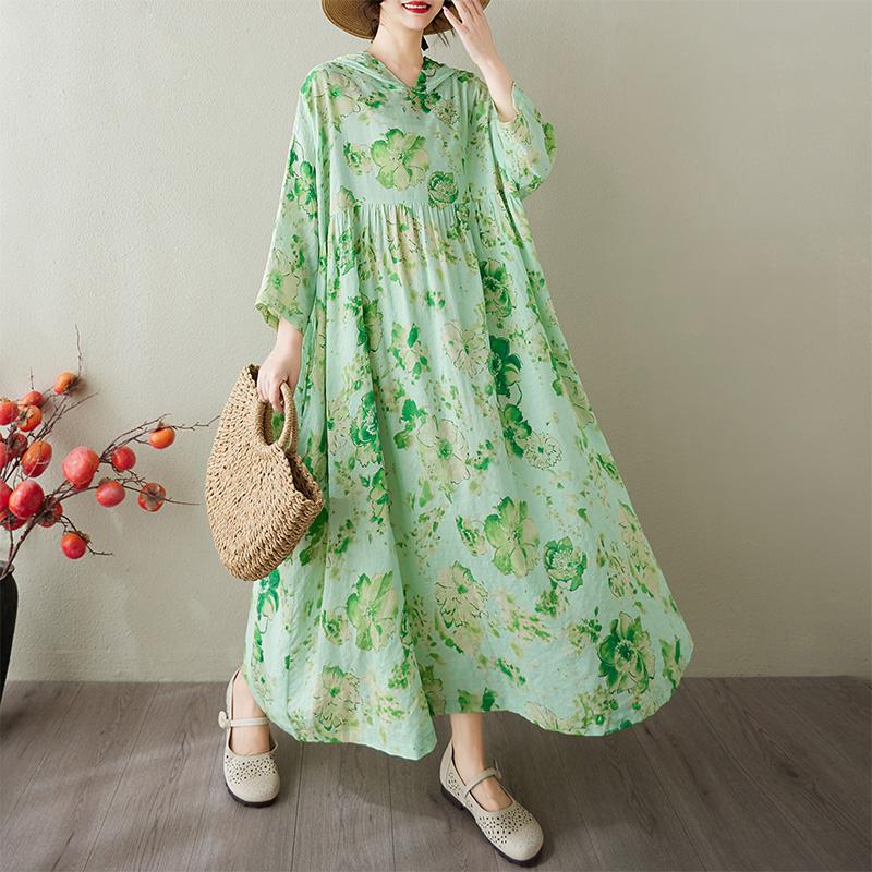 

Dimanaf 2025 Лето Женщин Плюс Размер Платье Толстовки Цветочные Базовые Повседневные Свободные Длинные Винтажные Плиссированные Платья Макси One Size зелёный