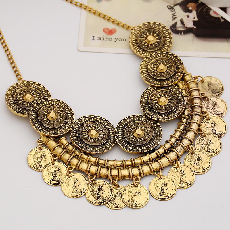Vintage European American Hollow Carved Tassel Coin Necklace for Women