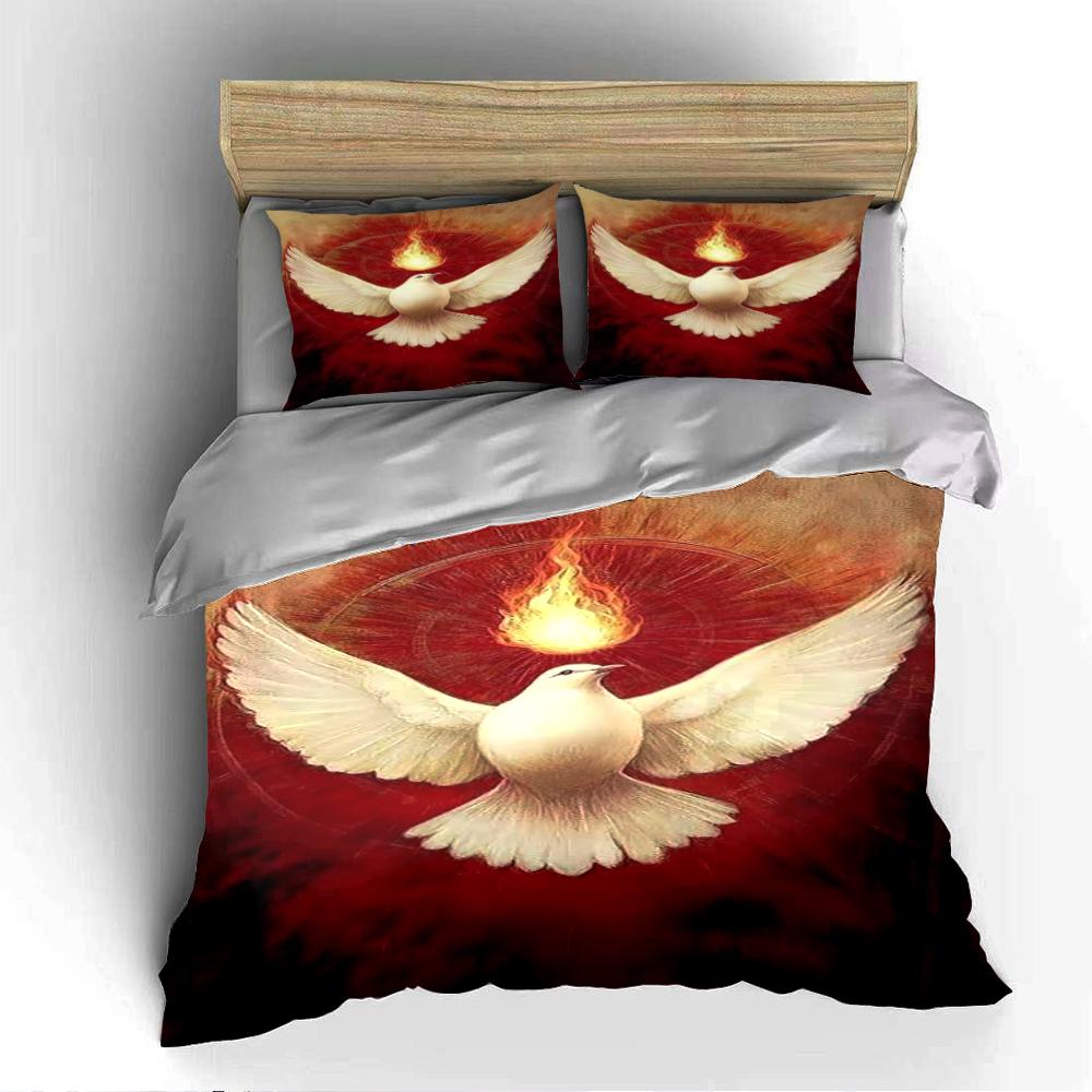 White Dove with Flame on Red Background Bedding set (1 duvet cover, 2 pillowcases, duvet not included)